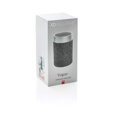 The Vogue 3W wireless speaker combines elegant design with the best beats for your home or office. The trendy round shape and fabric material will look fantastic wherever you place it.  The item uses BT 4.2 for a smooth and super-fast connection. It has a 1.200 mAh battery that can play up to 5 hours of music and can be re-charged in under 3 hours. The wireless operating distance is 10 metres. The speaker has smooth rubber strips on the bottom to stop it from sliding and it also improves the sound. With microphone and pick up function to answer calls. Registered design®<br /><br />HasBluetooth: True<br />NumberOfSpeakers: 1<br />SpeakerOutputW: 3.00