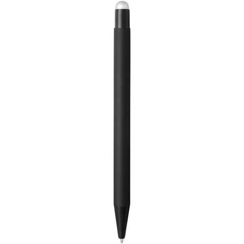 Gummierter Stylus-Kugelschreiber mit Klickmechanismus. Die Farbe der Stylusspitze entspricht der lasergravierten Unterschicht des Stiftes. Der Stift hat einen Metallclip und einen Gummi-Eingabestift und ist aus Aluminium gefertigt. Schreiblänge: 450 m.