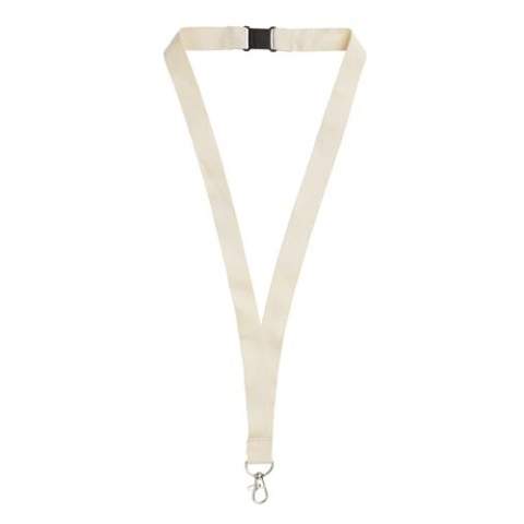 Lanyard of certified organic cotton with a metal clip and safety connection.