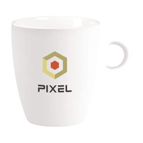 Quality ceramic mug with distinctive round handle. In all white or with coloured exterior. Suitable for all coffee machines. Dishwasher safe.  Capacity 200 ml. The imprint is dishwasher tested and certified: EN 12875-2.