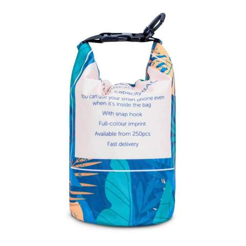 Convenient waterproof bag with a pocket for a smart phone. The touch screen of the phone can be used even while the phone is inside the bag. Keep your valuables clean and dry on the beach or near the water. This bag is made to order and can be printed all-over. Short delivery times. Water proof IPX6, protected against high pressure stream water from any angle. Do not immerse the bag.