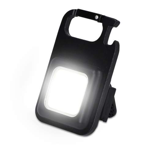 Multi-tool light made from recycled aluminum featuring a bottle opener, foldable stand, and a strong magnet. Equipped with a 180mAh rechargeable battery and a COB light providing up to 300lm brightness. Offers light modes of high, medium, and strobe, with a long press function for easy access to the highest mode.