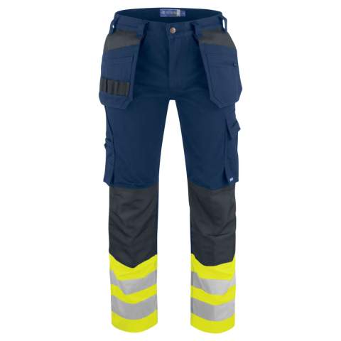 • werkbroek in duurzaam, licht katoen<br />• spijkerzakken met extra compartiment voor verborgen binnenzak met ritssluiting<br />• achterzakken met klep en velcrosluiting<br />• duimstokzak en mesknoop<br />• verstelbare kniezakken aan de binnenzijde (twee hoogtes)<br />• extra versteviging aan de spijkerzakken, duimstokzak en kniezakken<br />• de maten C42-C64 kunnen verlengd worden met 5 cm (extra zoom)<br />• lus voor badgehouder<br />• twee hamerlussen<br />• voorgevormde knieën