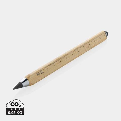 Modern infinity pen made with FSC® 100% certified bamboo. Triangle shaped body, one side with CM indication and one side with Inches. Traditional wooden pencils write only up to around 200 metre but this Tree free infinity pencil, has a writing length of up to around 20000 metres using a graphite tip to produce a graphite line. Not only does it write like a pencil, but the markings can be erased. It works by leaving a graphite line on paper just like a regular traditional wooden pencil but it wears down so slowly, that it should outlast up to 100 traditional wooden pencils! With touch tip to operate mobile device. Packed in FSC® mix packaging.