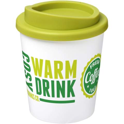Compact, double-wall insulated tumbler with twist-on lid. Fits under most coffee makers. Volume capacity is 250 ml. Mix and match colours to create your perfect mug. Made in the UK. Packed in a recycled PE plastic bag. BPA-free. EN12875-1 compliant, dishwasher safe, and microwave safe.
