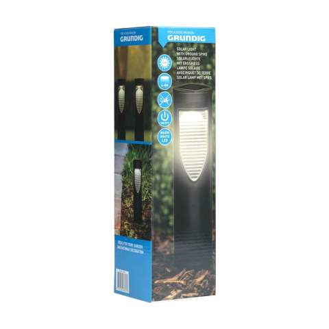 Plastic Solar LED lamp from the Grundig brand. The cordless lamp is equipped with a solar panel. As soon as it gets dark, the lamp switches on automatically and illuminates the garden with warm white light. The ideal, atmospheric garden lighting on solar energy. Equipped with a ground spike and easy to move. On/Off button under the top cover. Light output 6 to 8 hours after being fully charged. Includes AA Ni-MH 1.2V battery. 600mAh. Each item is individually boxed.