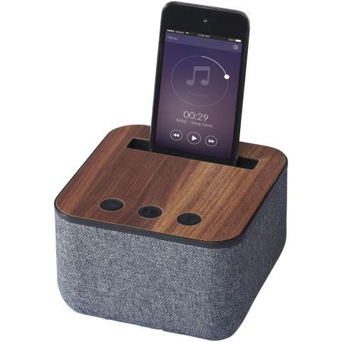 Enjoy exceptional sound of the Shae Fabric and Wood Bluetooth® Speaker. Be on trend with the knitted fabric cloth and real wood base. The speaker has a soft touch but packs a punch with a 5 watt speaker driver. The built-in music control and microphone allows you to control your music and to conference call from any location. The top slot can fit all major smart phones securely. Bluetooth® working range is 10 metres. Includes Micro USB to USB charging cable and 3.5mm audio cable. Playback time at max volume is up to 3 hours and it takes 3 hours to charge the speaker fully. Supplied in a white Avenue gift box. .