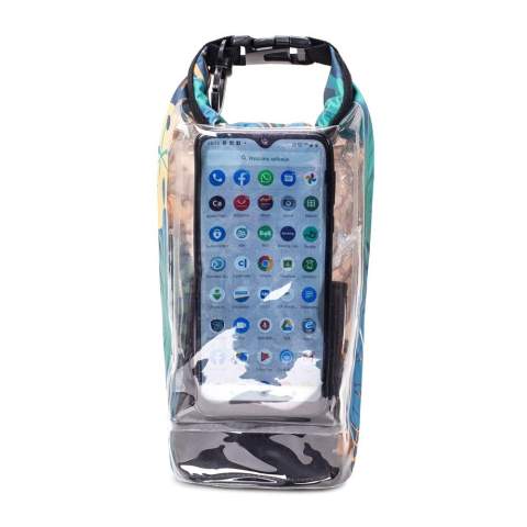 Convenient waterproof bag with a pocket for a smart phone. The touch screen of the phone can be used even while the phone is inside the bag. Keep your valuables clean and dry on the beach or near the water. This bag is made to order and can be printed all-over. Short delivery times. Water proof IPX6, protected against high pressure stream water from any angle. Do not immerse the bag.
