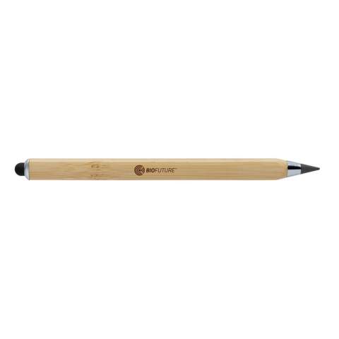 Modern infinity pen made with FSC® 100% certified bamboo. Triangle shaped body, one side with CM indication and one side with Inches. Traditional wooden pencils write only up to around 200 metre but this Tree free infinity pencil, has a writing length of up to around 20000 metres using a graphite tip to produce a graphite line. Not only does it write like a pencil, but the markings can be erased. It works by leaving a graphite line on paper just like a regular traditional wooden pencil but it wears down so slowly, that it should outlast up to 100 traditional wooden pencils! With touch tip to operate mobile device. Packed in FSC® mix packaging.