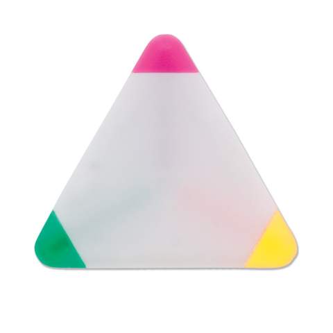 Surligneurs en forme de triangle avec 3 couleurs d'écriture. Grande surface d'impression des deux côtés. Idéal pour impression numérique en quadri.