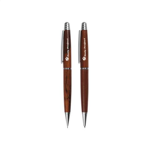 Rosewood writing set: blue ink ballpoint pen and refillable pencil with 3 HB refills. Both with matte steel clip, point and trim. In a case. Items supplied as a set with, each set individually boxed.
