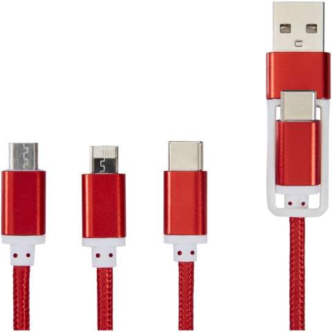 Braided nylon charging cable with 5 different connectors: Type-C input, USB-A input, Type-C output, Apple® iOS output, and micro USB output. This allows for using the cable also with Type-C output devices that are included in the newer generation of phones and MacBook computers. Cable length is 100 cm. 2-in-1 tip output up to 2A. Type-C output up to 3A current.