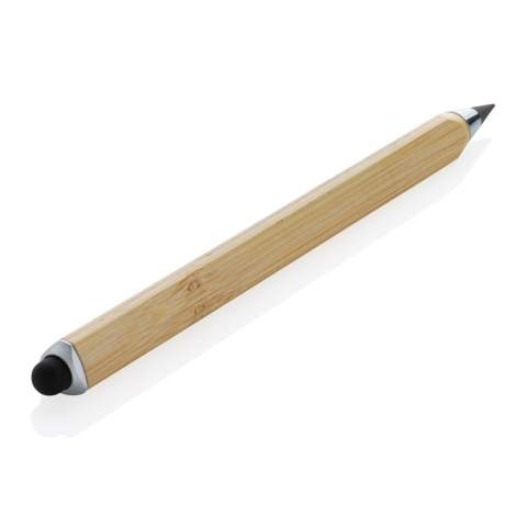 Modern infinity pen made with FSC® 100% certified bamboo. Triangle shaped body, one side with CM indication and one side with Inches. Traditional wooden pencils write only up to around 200 metre but this Tree free infinity pencil, has a writing length of up to around 20000 metres using a graphite tip to produce a graphite line. Not only does it write like a pencil, but the markings can be erased. It works by leaving a graphite line on paper just like a regular traditional wooden pencil but it wears down so slowly, that it should outlast up to 100 traditional wooden pencils! With touch tip to operate mobile device. Packed in FSC® mix packaging.