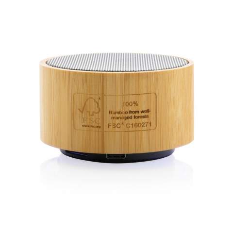 Draadloze luidspreker van 3W gemaakt met FSC® 100% bamboe behuizing en RCS (Recycled Claim Standard) gecertificeerd gerecycled ABS. Totaal gerecycled materiaal: 16% op basis van het totale gewicht van het item. RCS-certificering zorgt voor een volledig gecertificeerde toeleveringsketen van de gerecyclede materialen. De speaker heeft een geïntegreerd lampje aan de onderkant. De speaker is uitgerust met een 300 mAh batterij om tot 3 uur speeltijd te garanderen en BT4.1 voor een vlotte verbinding en helder geluid. Bereik tot 10 meter. Met microfoon om oproepen te beantwoorden. Verpakt in FSC mix FSC® doos. Inclusief RCS gecertificeerde gerecyclede TPE laadkabel. Artikel en accessoires 100% PVC-vrij.<br /><br />HasBluetooth: True<br />NumberOfSpeakers: 1<br />SpeakerOutputW: 3.00<br />PVC free: true