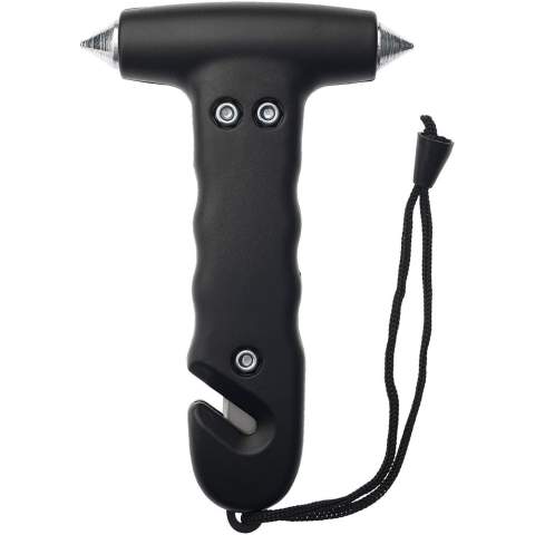Emergency hammer with wrist strap and built-in belt cutter in the handle. Two pointed hardened steel window breakers and belt-cutter can be used to escape in case of an unfortunate situation.
