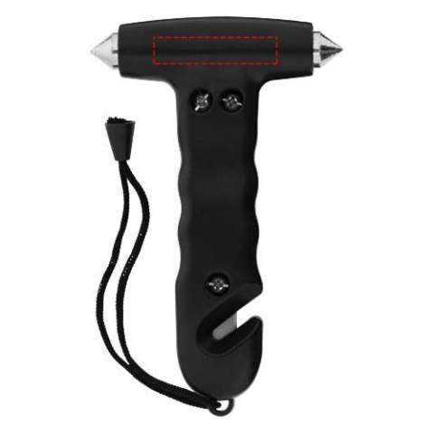 Emergency hammer with wrist strap and built-in belt cutter in the handle. Two pointed hardened steel window breakers and belt-cutter can be used to escape in case of an unfortunate situation.