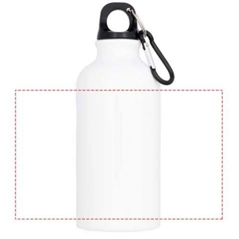 Single walled bottle with twist on lid. The bottle has a special coating for sublimation. Carabiner is not suitable for climbing. Volume capacity is 400 ml.