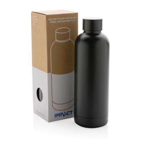 Perfect for all-day hydration, the Impact RCS stainless steel double wall vacuum bottle keeps you refreshed throughout the day. Made of durable recycled stainless steel. Featuring a minimalistic but stylish design, you will make an impact anywhere! Keeps your drink warm for up to 5 hours  or cold for up to 15 hours. Made with RCS (Recycled Claim Standard) certified recycled materials. RCS certification ensures a completely certified supply chain of the recycled materials. Total recycled content: 80% based on total item weight. BPA free. Capacity 500ml. Including FSC®-certified kraft packaging.<br /><br />HoursHot: 5<br />HoursCold: 15