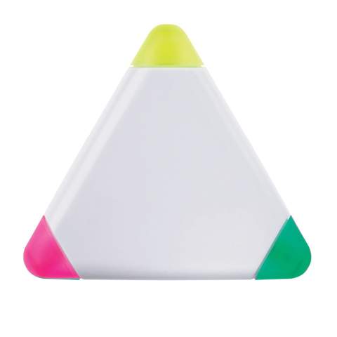 Surligneurs en forme de triangle avec 3 couleurs d'écriture. Grande surface d'impression des deux côtés. Idéal pour impression numérique en quadri.