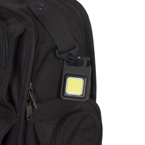 Multi-tool light made from recycled aluminum featuring a bottle opener, foldable stand, and a strong magnet. Equipped with a 180mAh rechargeable battery and a COB light providing up to 300lm brightness. Offers light modes of high, medium, and strobe, with a long press function for easy access to the highest mode.