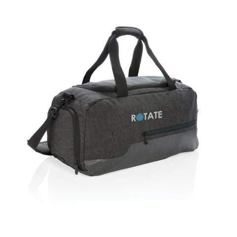 This 900D comfortable sized duffle bag is perfect for every active adventure and workout at the gym. It's made from durable polyester fabric and features water resistant coating material to protect against dirty gym floors or wet fields. Detailed with reinforced handles and a padded shoulder strap that offers a versatile carrying option. This duffle features a roomy main compartment with an inside zipper pocket to hold cash or valuables plus a breathable pocket for your shoes. A front zipper pocket with convenient storage for your cell phone, keys and other frequently used accessories. PVC free.<br /><br />PVC free: true