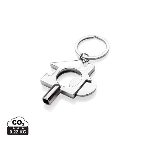 Porte-clés multifonctions avec clé de radiateur, jeton de caddie et décapsuleur. Fabriqué en alliage de zinc recyclé RCS. Contenu recyclé total : 69 % sur la base du poids total de l'article. La certification RCS garantit une chaîne d'approvisionnement entièrement certifiée pour les matériaux recyclés. Emballé dans un sachet en papier. La pièce « panier » a une épaisseur de 2,23 mm, similaire à celle de la pièce de 1 euro.