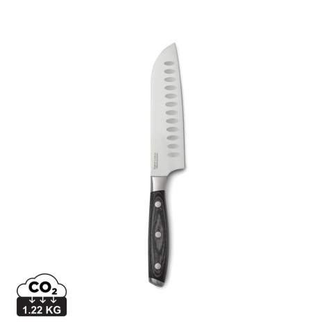 Couteau Santoku en acier allemand X50CrMoV15 avec manche en pakkawood. Le manche facile à saisir et le superbe équilibre de la lame rendent le couteau confortable et facile à utiliser. Taille : Lame de 14 cm.