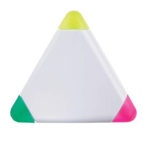 Surligneurs en forme de triangle avec 3 couleurs d'écriture. Grande surface d'impression des deux côtés. Idéal pour impression numérique en quadri.