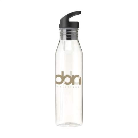 WoW! Water bottle with transparent body from RPET. The screw cap has a collapsible mouthpiece and sealable straw, allowing you to keep your head straight while drinking. This way you can take a sip whilst also keeping your eyes on the road while driving. This bottle is easy to carry with one finger. Reusable, leak proof and not dishwasher-safe. GRS-certified. Total recycled material: 71,5%. Capacity 720 ml.