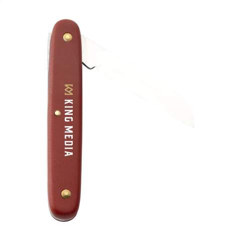 Special floral pocket knife from the brand Victorinox. The sharp blade is made from 100% recycled steel, and the riveted handle is crafted from red nylon. Specifically designed for cutting flowers, both directly from the field and for trimming stems at an angle. Includes instruction manual and lifetime warranty on material and manufacturing defects.     Victorinox knives are a worldwide symbol for reliability, functionality and perfection. Please note local rules may apply regarding the possession and/or carrying of knives or multitools in public.