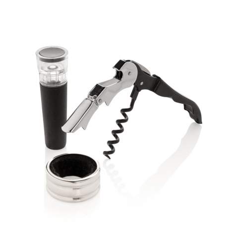 Have everything you need to open and serve your favourite wines with this 3 pcs wine set. The set consists of a waiter's corkscrew, foil cutter and drip ring. Packed in a luxury gift box.