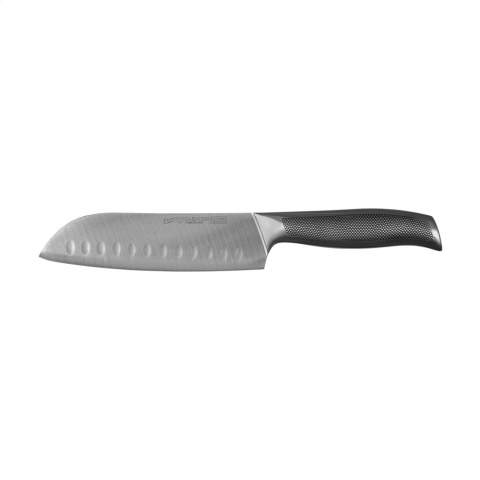Asian all round knife from the Diamant Sabatier Riyouri series. With extra wide blade of 17 cm. Equipped with anti-slice pots for cutting meat and fish and chopping vegetables.Made of high quality stainless steel. The robust staple has a special anti-slip structure. The blade is slim-sharp and seamlessly attaches to the lift, ensuring extra hygiene. Each item is individually boxed.