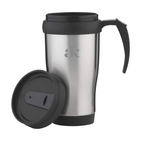 Dubbelwandige, RVS/kunststof thermosbeker met schroefdeksel en schuif-/klikopening. Niet vaatwasserbestendig. Inhoud 400 ml. Per stuk in kraft doos.