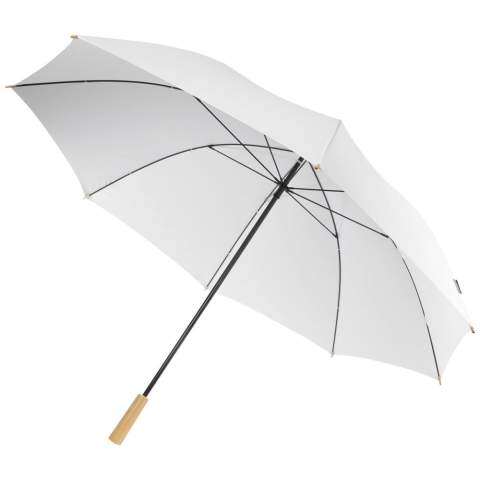 Golfparaplu met een canopy van gerecycled PET pongee polyester, geschikt voor 2 personen. De stevige metalen steel en het hoogwaardige frame met fiberglass ribben bieden maximale flexibiliteit bij winderige omstandigheden. Samen met het houten handvat en de punten, evenals de canopy van gerecycled PET pongee polyester, biedt deze paraplu een duurzamere keuze.