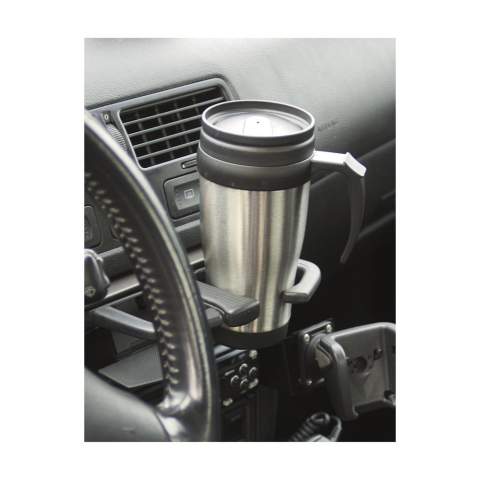 Dubbelwandige, RVS/kunststof thermosbeker met schroefdeksel en schuif-/klikopening. Niet vaatwasserbestendig. Inhoud 400 ml. Per stuk in kraft doos.