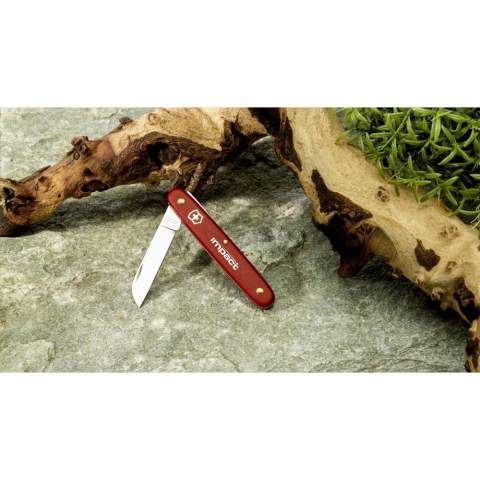 Special floral pocket knife from the brand Victorinox. The sharp blade is made from 100% recycled steel, and the riveted handle is crafted from red nylon. Specifically designed for cutting flowers, both directly from the field and for trimming stems at an angle. Includes instruction manual and lifetime warranty on material and manufacturing defects.     Victorinox knives are a worldwide symbol for reliability, functionality and perfection. Please note local rules may apply regarding the possession and/or carrying of knives or multitools in public.