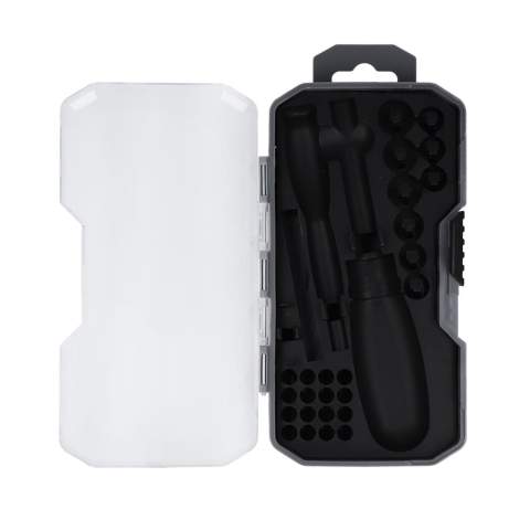 Set d'outils complet de 41 pièces : 1 x connecteur de tournevis de 60 mm ; 1 x poignée de tournevis ; 1 x tournevis à cliquet ; 1 x AD de 24 mm ; 9 x douilles de 1/4 de pouce ; 16 x embouts de tournevis de 25 mm ; 12 x embouts de tournevis de 28 mm
