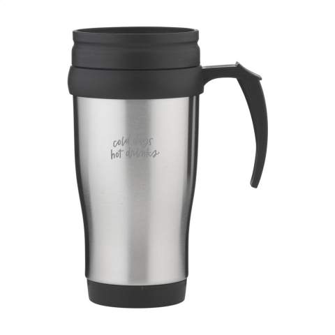 Dubbelwandige, RVS/kunststof thermosbeker met schroefdeksel en schuif-/klikopening. Niet vaatwasserbestendig. Inhoud 400 ml. Per stuk in kraft doos.