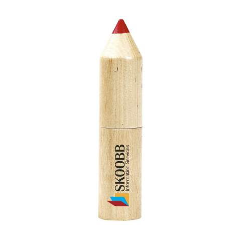 6 crayons de couleur en bois non vernis dans un cylindre en bois.