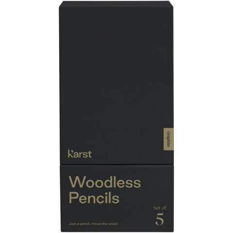 Set of 5 graphite pencils that offers 5 times more graphite per pencil. The woodless body can be sharpened for crisp line work or made blunt for expressive strokes or subtle shading. The woodless construction allows versatility while saving the mess of traditional wood shavings. The solid weight of these pencils feels luxurious in the hand whether you write, scribble, doodle or draw. 