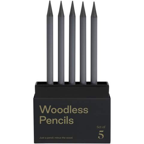 Set of 5 graphite pencils that offers 5 times more graphite per pencil. The woodless body can be sharpened for crisp line work or made blunt for expressive strokes or subtle shading. The woodless construction allows versatility while saving the mess of traditional wood shavings. The solid weight of these pencils feels luxurious in the hand whether you write, scribble, doodle or draw. 