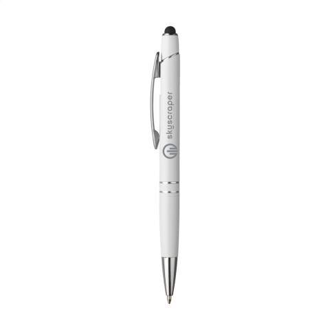 Blue ink pen with aluminium holder with trimmed grip, silver accents and metal clip. Equipped with a top/pointer to operate touch screens (eg iPhone/iPad).