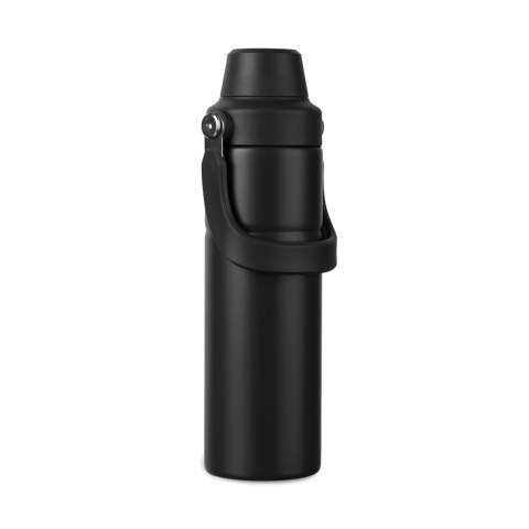 A modern and durable double wall vacuum bottle crafted from recycled stainless steel. Perfectly designed for functionality with its convenient handle, this bottle is ideal for adventures. The lid features two openings: a sip-friendly top for easy access and a larger opening for effortless refills and easy cleaning. The double walled insulation keeps your drink cold for up to 12 hours and hot for up to 4 hours, ensuring you stay refreshed throughout your journey. Not dishwasher or microwave safe, only handwash. Certified by RCS (Recycled Claim Standard), RCS certification guarantees that the entire supply chain of recycled materials is certified. The total recycled content is based on the overall product weight. This product contains 65% RCS certified recycled stainless steel.<br /><br />HoursHot: 4<br />HoursCold: 12