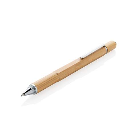 Multifunction bamboo pen with ruler (7cm) , spirit level, screw driver, stylus tip and ballpoint with blue writing ink (up to 400m) Made out of bamboo material with aluminium clip.