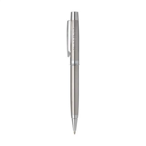 Blauschreibender Edelstahl-Kugelschreiber mit eleganter Kombination von mattem Stahl mit edlen glänzenden Stahlakzenten. Mit Drehklicksystem  und solider Grifffläche.