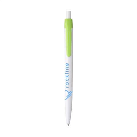 Stylo à bille monopièce à encre bleue et corps blanc. Ce stylo dispose d'un clip coloré qui se remarque au premier coup d oeil, avec une grande surface d'impression, qui permet d'optimiser l'espace réservé au marquage.