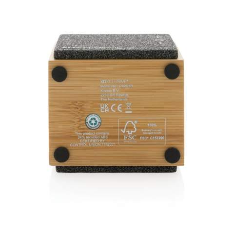 Luxe 5W speaker met helder geluid en sterke bas. De buitenkant is gemaakt van FSC 100% gecertificeerde bamboe. De kunststof onderdelen zijn gemaakt met RCS (Recycled Claim Standard) gecertificeerd gerecycled ABS. Totaal gerecycled materiaal: 24% op basis van het totale gewicht van het artikel. RCS-certificering zorgt voor een volledig gecertificeerde toeleveringsketen van de gerecyclede materialen. De luidspreker wordt geleverd met BT 5.1 voor eenvoudige en soepele bediening tot 10 meter en een laag stroomverbruik. De 1200 mAh-batterij maakt een speeltijd tot 6 uur mogelijk en kan in 2 uur volledig worden opgeladen. Met geïntegreerde microfoon om (video)oproepen te beantwoorden. Verpakt als FSC mix kraft box. Inclusief RCS gecertificeerde gerecyclede TPE laadkabel.<br /><br />HasBluetooth: True<br />NumberOfSpeakers: 1<br />SpeakerOutputW: 5.00<br />PVC free: true