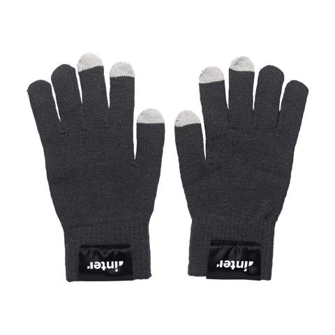 Knitted, touch screen gloves with conductive material in a few fingertips. Universal size.