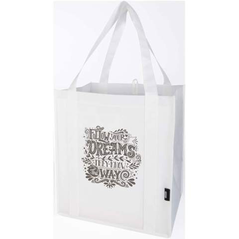 Fabriqué en RPET non-tissé durable et résistant à la déchirure, le sac shopping Liberty recyclé certifié GRS est doté d'une planche de fond qui le rend polyvalent et solide. Le sac shopping est doté d'un grand compartiment principal et de poignées de 25 cm de long. Capacité : 29 litres. Capacité de charge maximale de 12 kg.