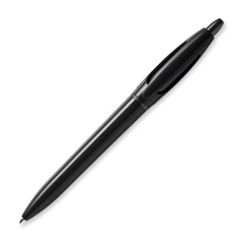 Hardcolour ball pen S! Extra with coloured barrel, pusher and clip and has a black ring and tip. The refill is a X20 refill and includes blue writing ink.  The barrel can easily be customized with an imprint. It includes a pusher mechanism and is made of ABS, made in Europe. From orders of 5.000 pieces, you can choose your own colour combination.